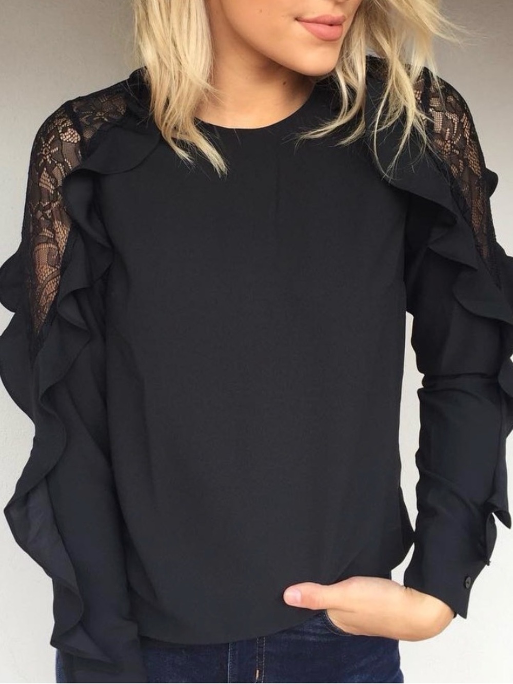 Wish Black Ruffle & Lace Long Sleeve Vera Blouse